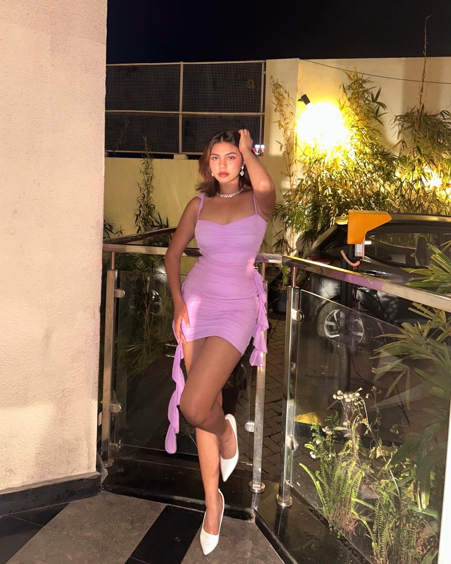 Lilac ruched mini dress