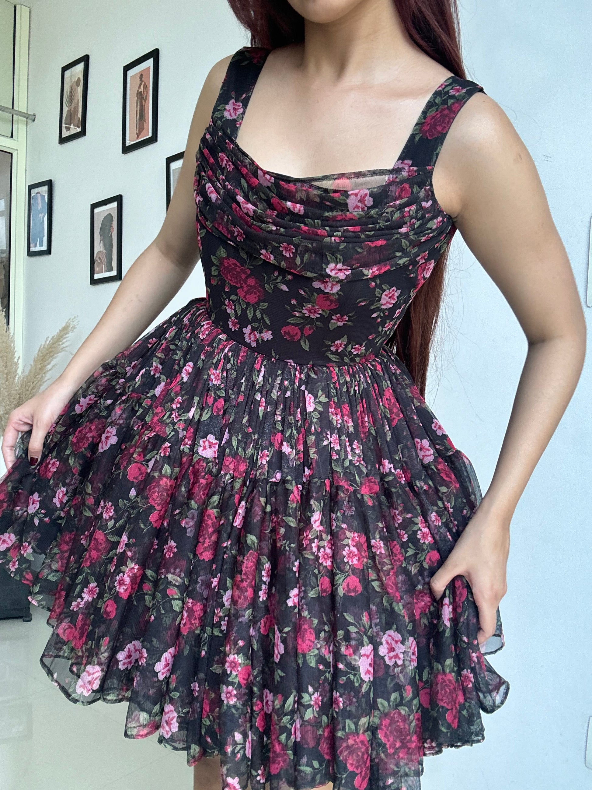 Floral black mini dress