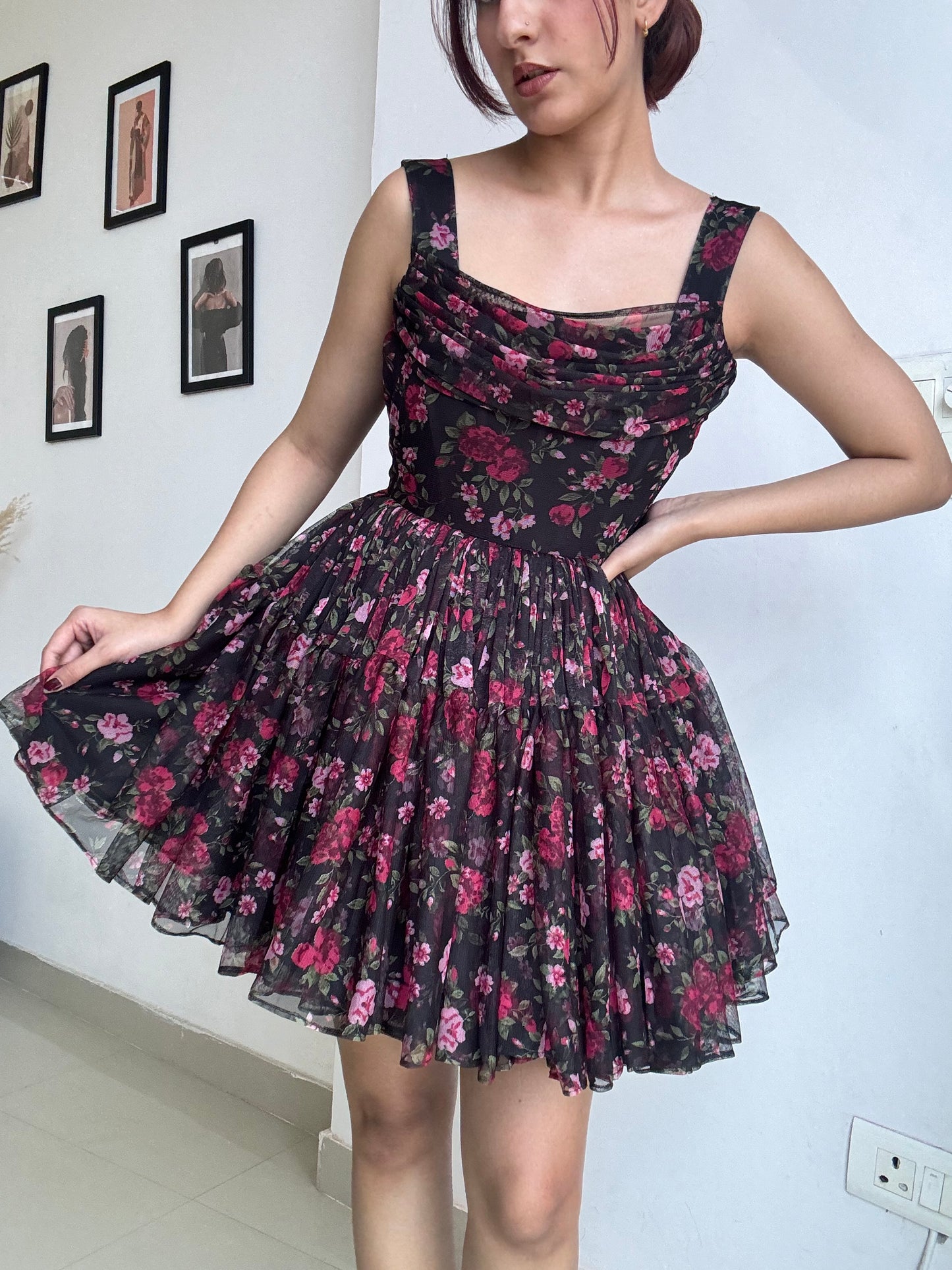 Floral black mini dress