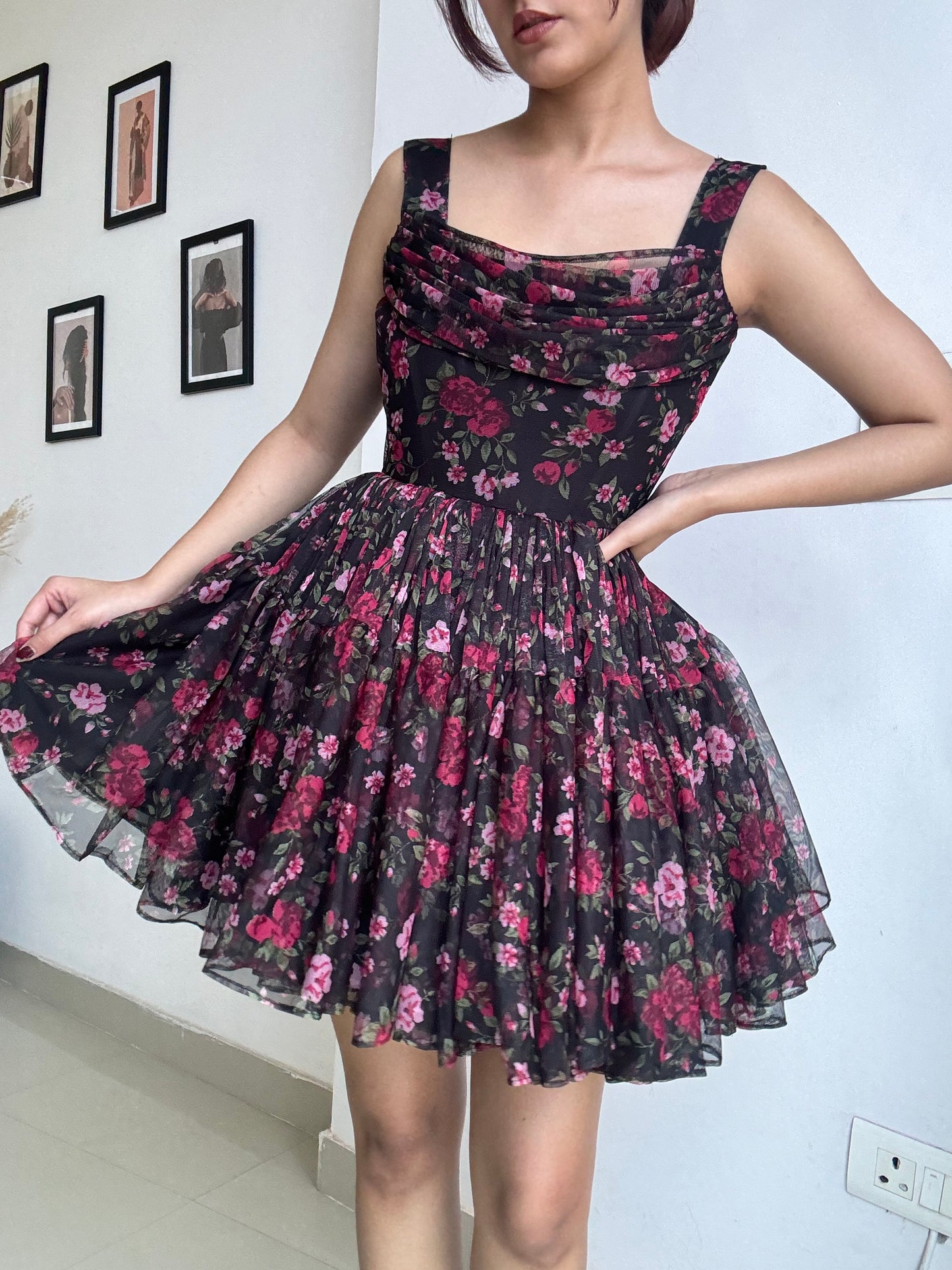 Floral black mini dress