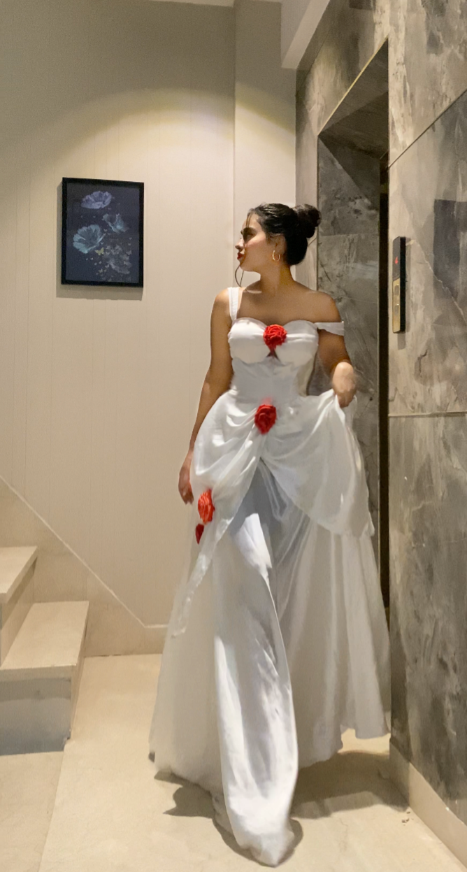 Rosy fairy white satin dress