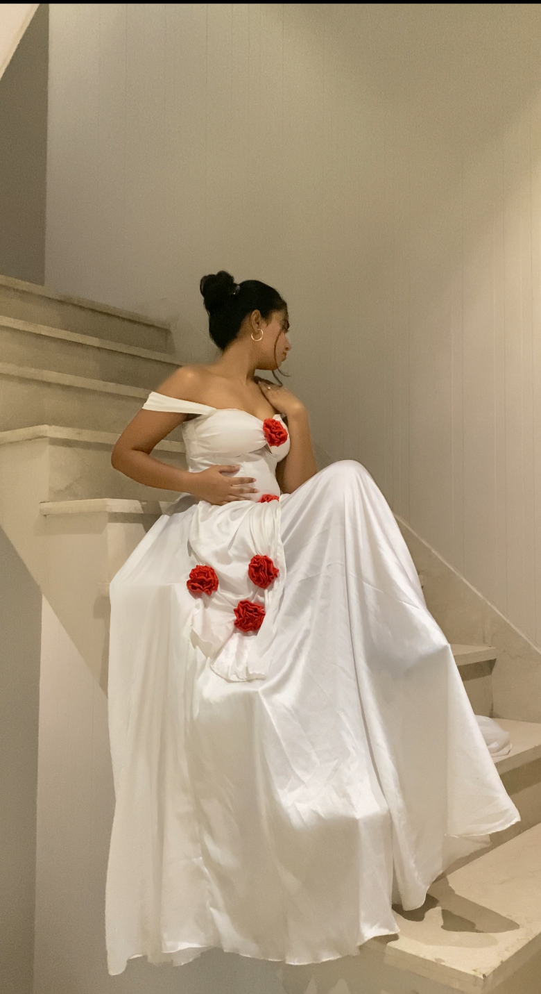 Rosy fairy white satin dress