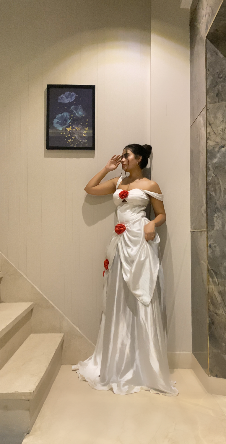 Rosy fairy white satin dress