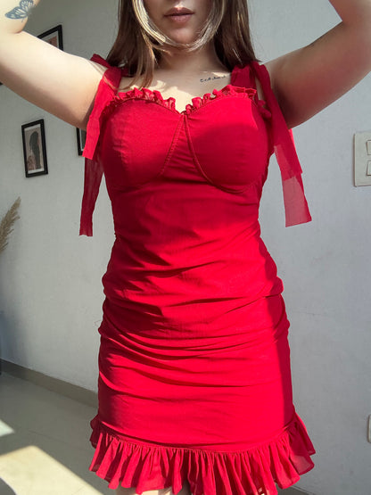 Red tie up dress