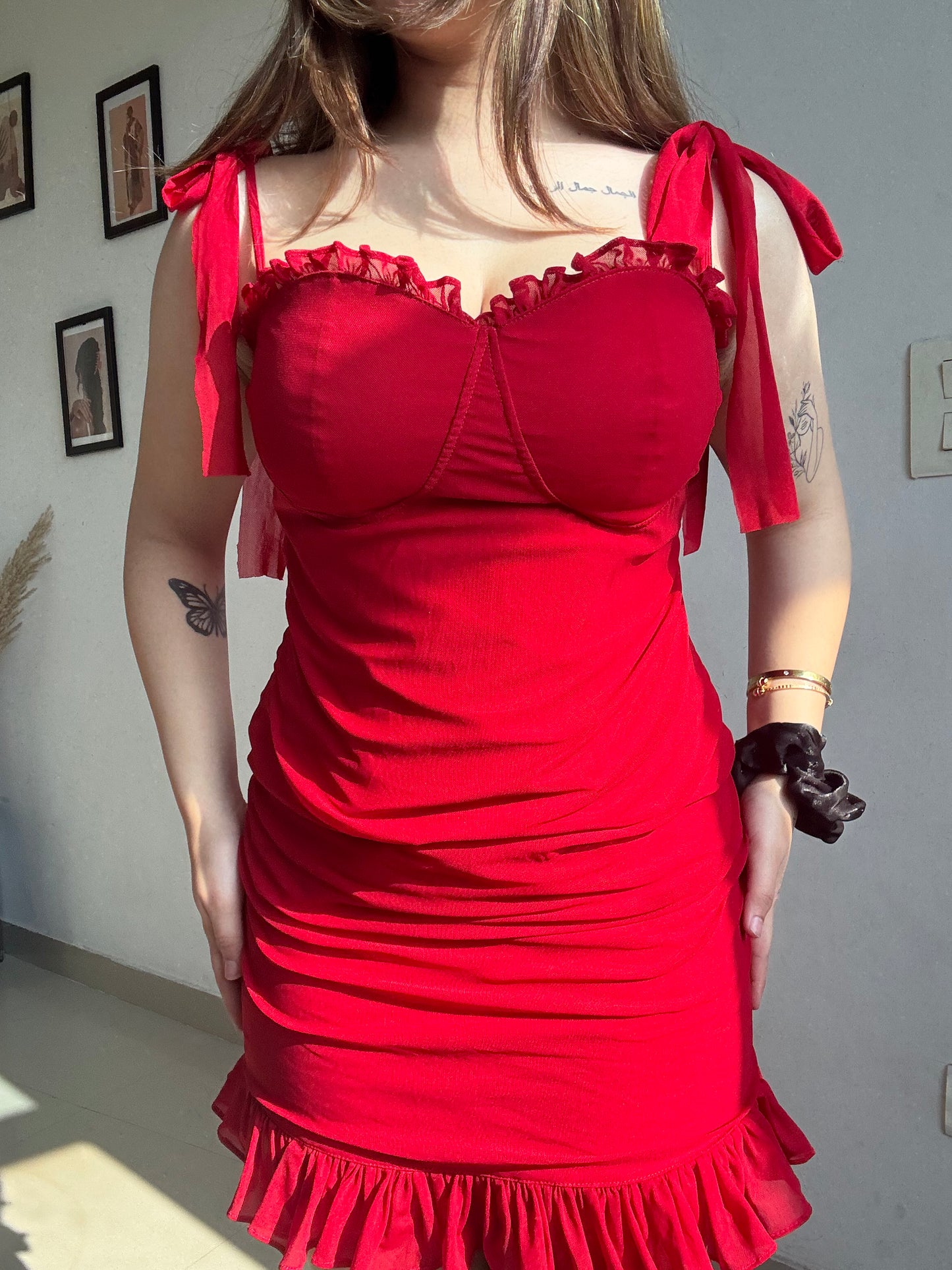 Red tie up dress